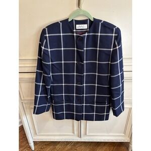 Vintage Ellen Tracy Navy White Checkered Long Blazer‎ Sz. 8 Wool Silk Blend